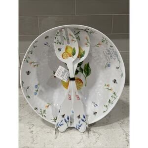 3 pc LEMONS & BEE Salad Bowl + Serving Set Melamine Shabby Chic Wavy Floral NEW